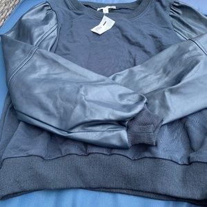 Navy top- navy vegan leather sleeves